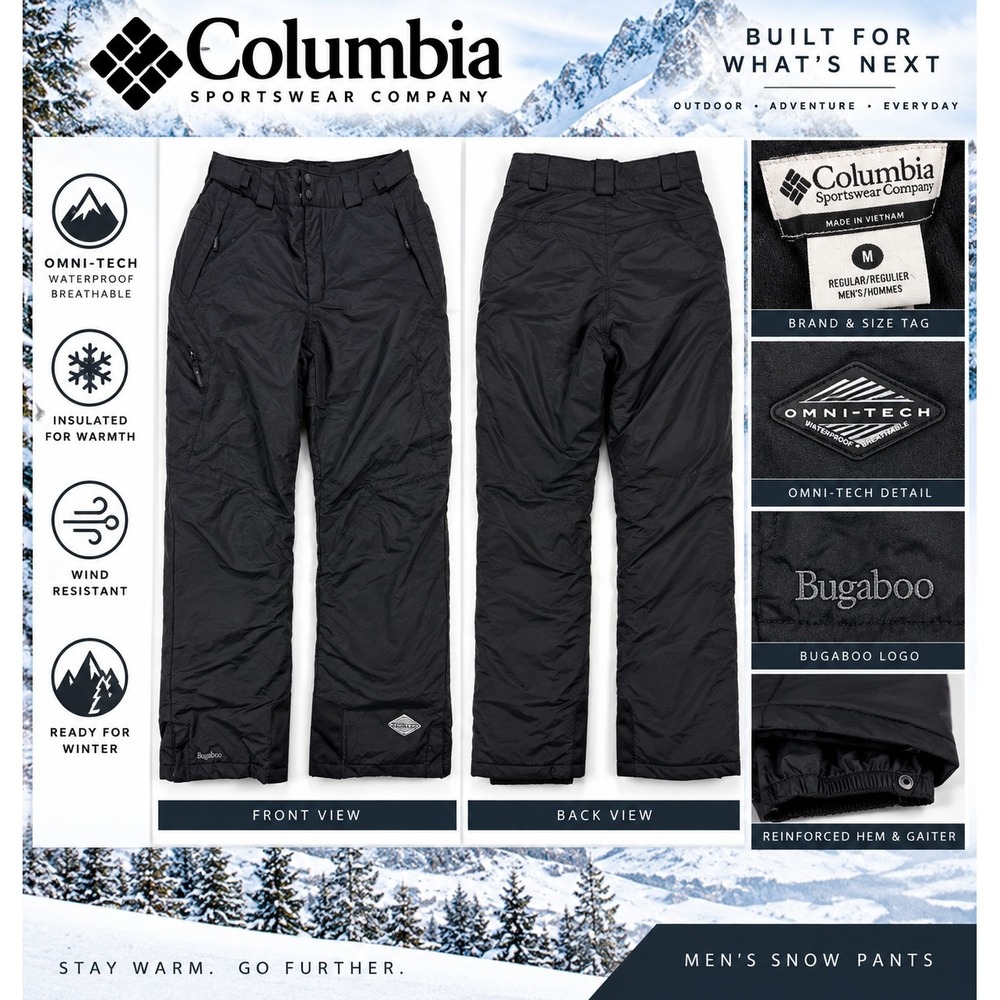 Columbia Bugaboo Mens M Black Omni-Tech Insulated Ski Snow Pants Waterproof